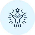 Celebratory figure with raised arms under a star, surrounded by radiating lines inside a light blue circle.