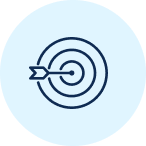 Blue circular badge featuring a target with an arrow hitting the bullseye, symbolizing precision or goal achievement.